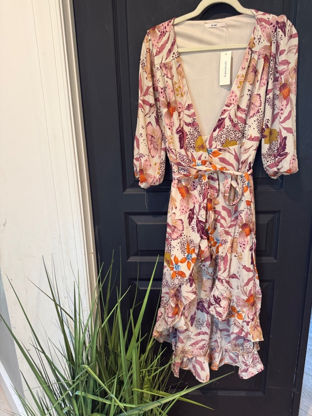 Francesca's Collections Pink and Orange Floral High-Low Wrap Dress